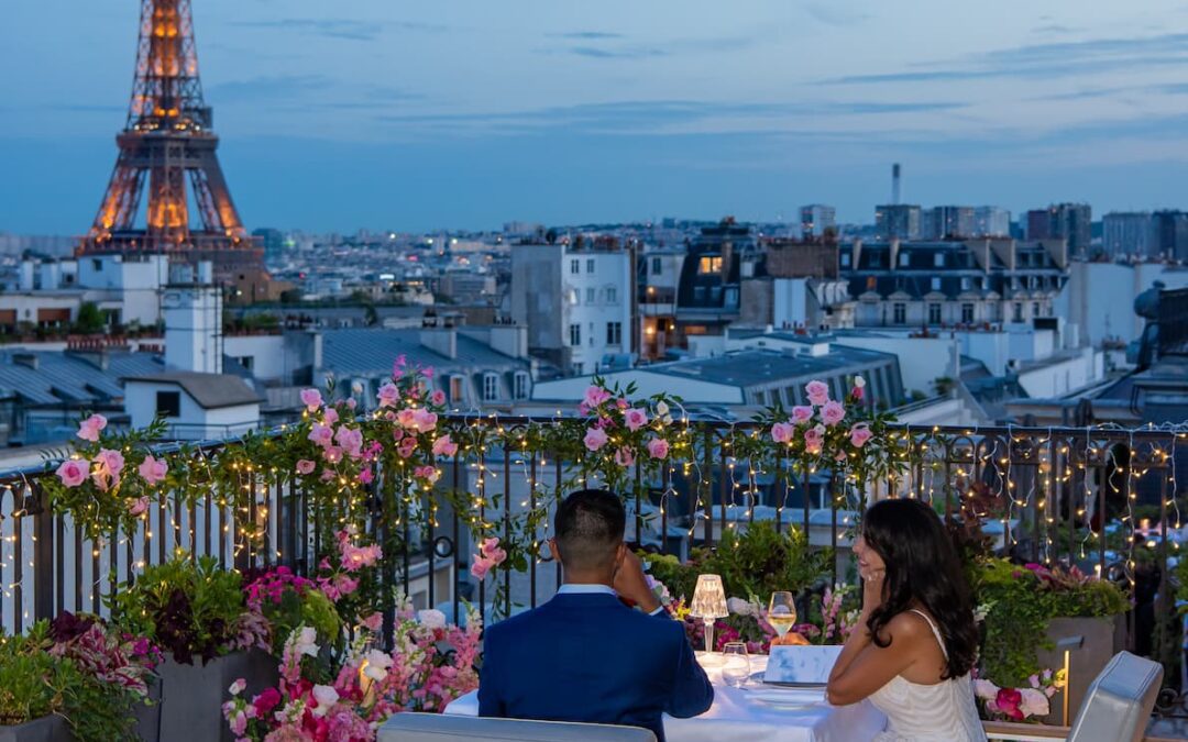 romantic private diner on a rooftop with an Eiffel Tower view