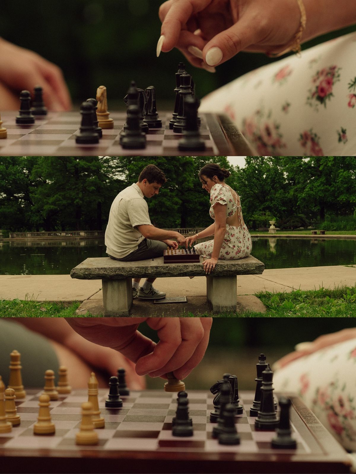 A couple playing chess on a stone bench by a lake in a lush green park.