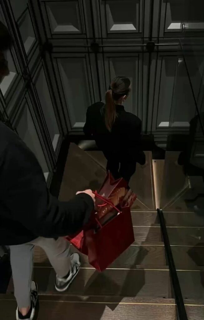 A man carrying red shopping bags while following a woman up the stairs of a luxury hotel or boutique