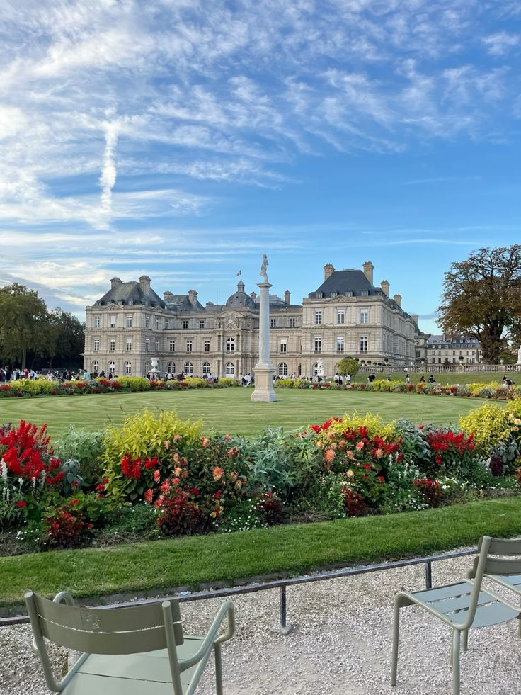Luxembourg's garden with a blue sky and flowers