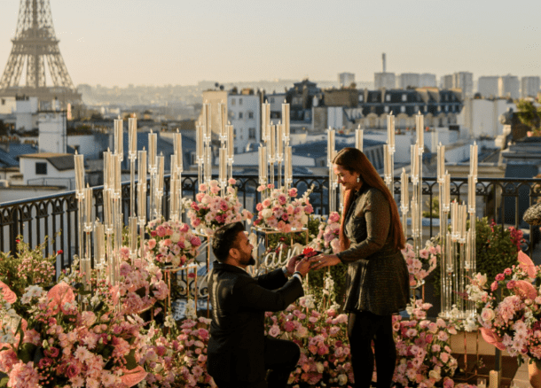 Elegant bouquet of peonies, roses, and eucalyptus prepared for a Paris proposal, emphasizing fragrance and beauty.