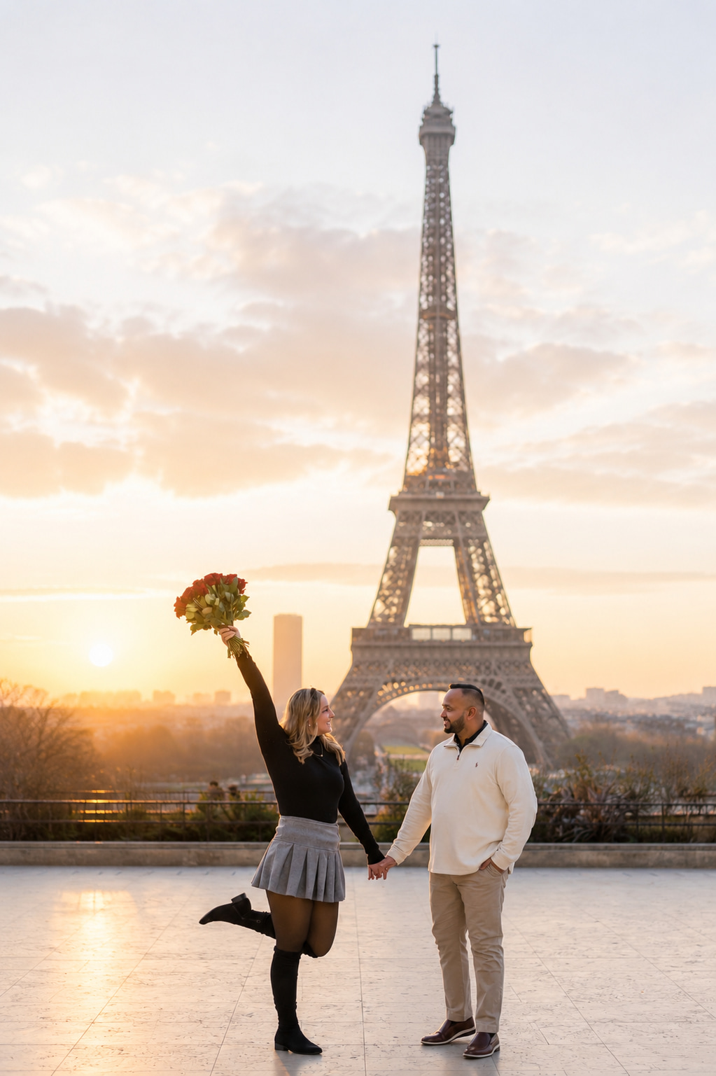 Couple at Trocadéro at sunrise in Paris, woman raising a red rose bouquet toward the Eiffel Tower as the sun rises over the city