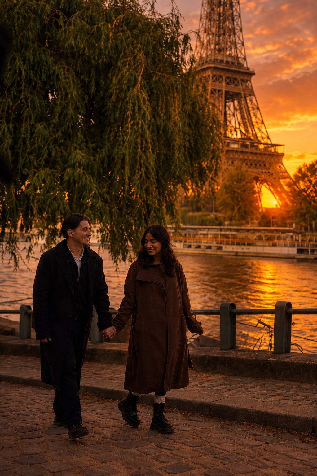 Couple holding hands walking along the Seine at golden hour with Eiffel Tower at sunset in Paris