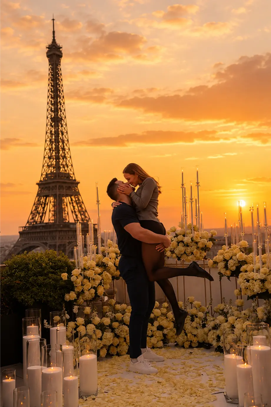 Man lifting his partner under a white rose heart arch on a Paris rooftop at golden hour, Eiffel Tower and sunset in the background