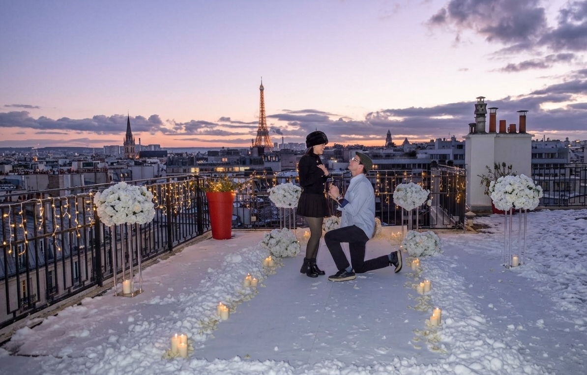 Christmas proposal in Paris on a snowy rooftop with Eiffel Tower view at sunset, white roses, candles and fairy lights